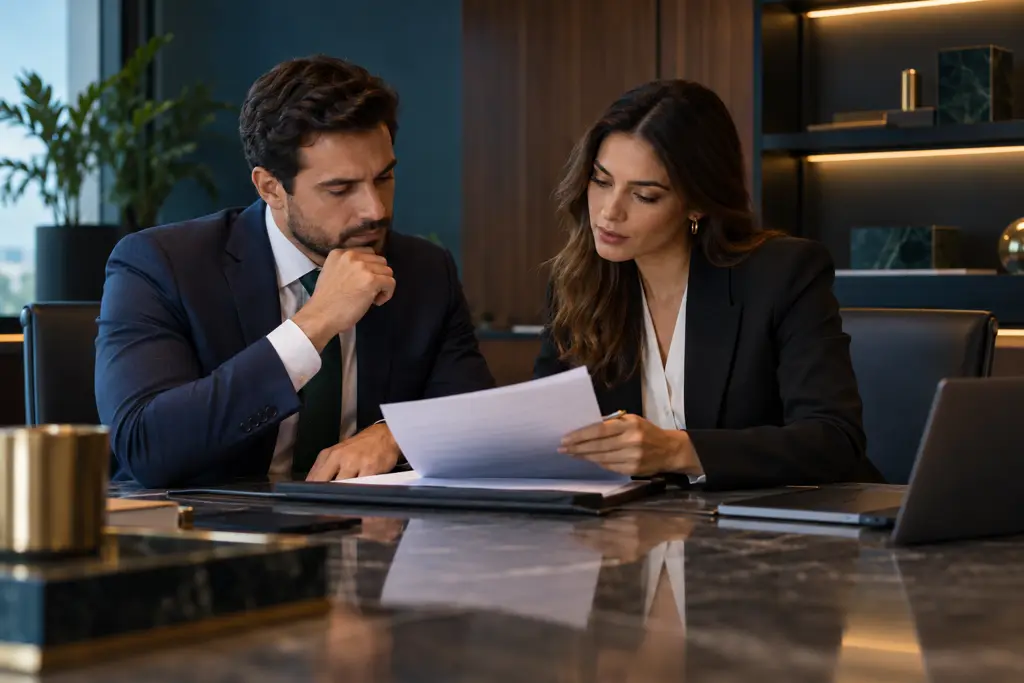 Advogada e empresário analisam contrato (imagem ilustrativa)